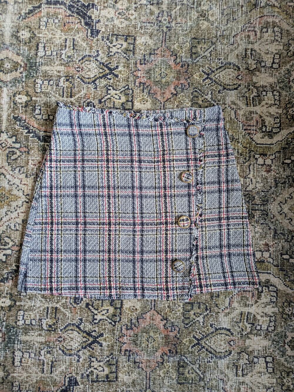 Blu Pepper Plaid Tweed Mini Skirt